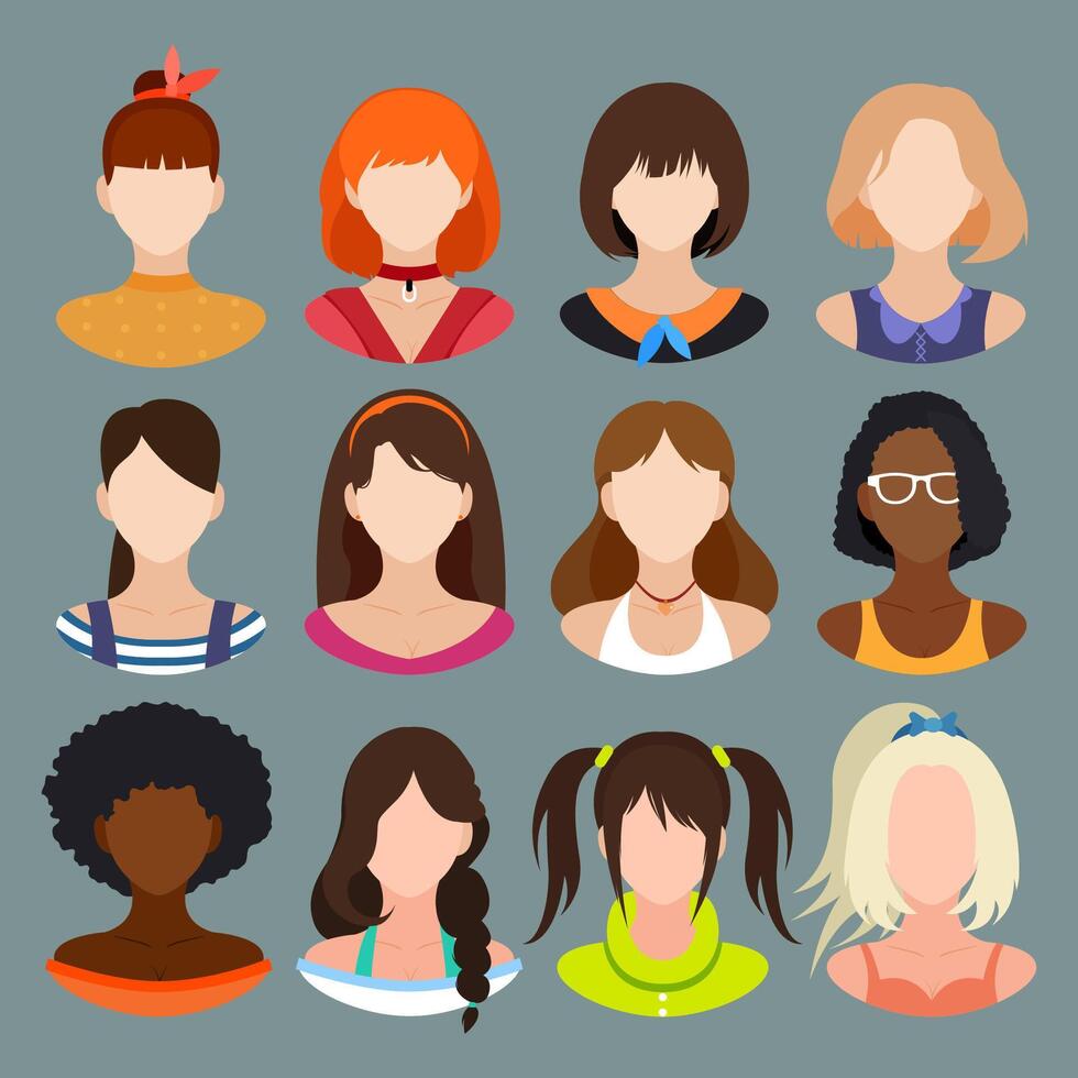 Women avatars, modern hairstyles set. Female portraits, trendy long and short hairstyles, hairdos. Girls characters with fashion stylish haircut. Flat illustration isolated background vector