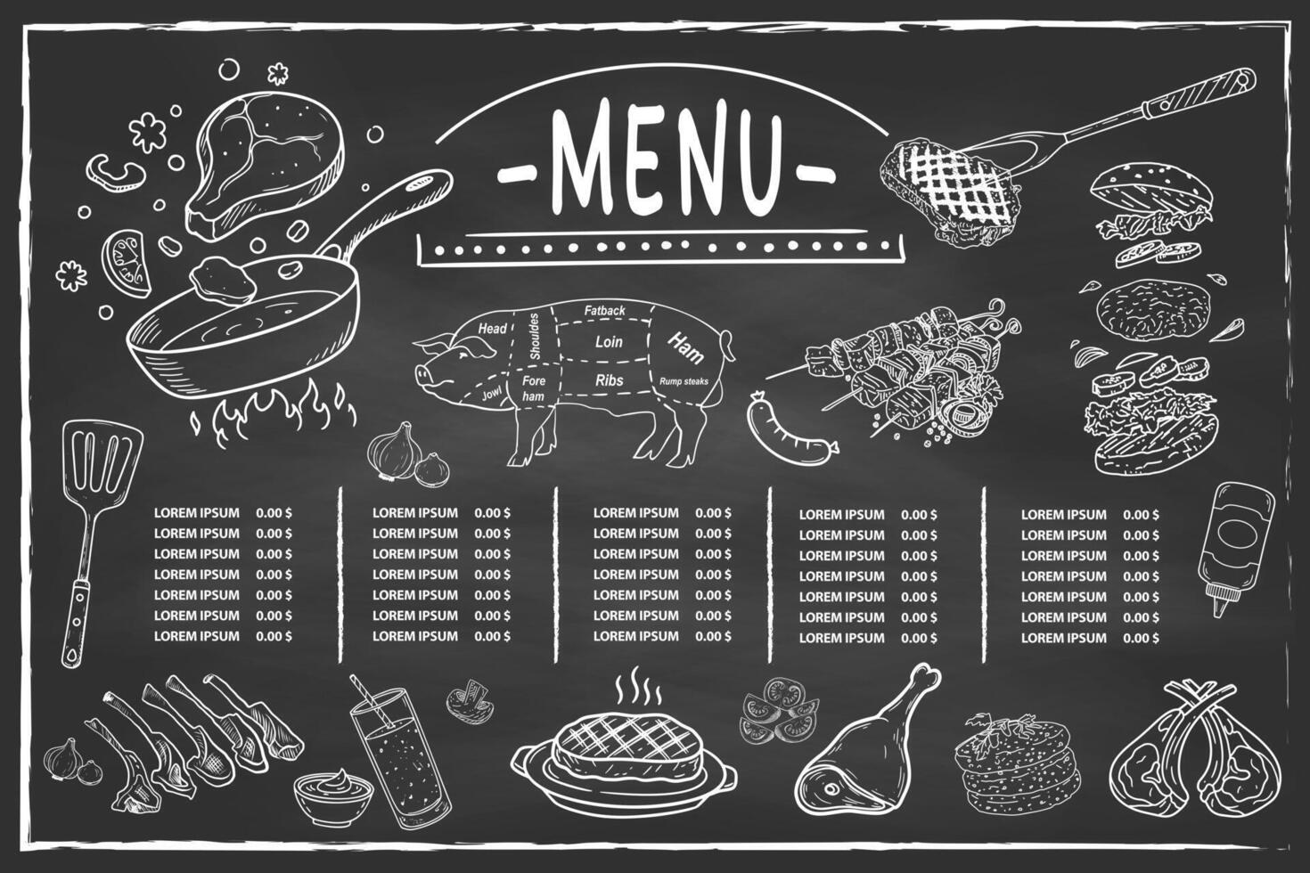 Hand-drawn food and beverages are featured prominently and warmly on a vintage-style chalkboard menu. vector