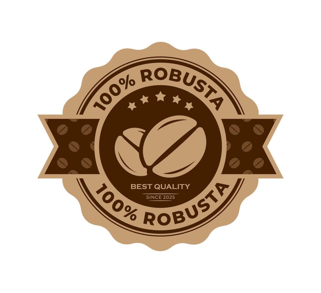 100 percent robusta coffee badge premium quality. Coffee beans with Circle label and ribbon. For logo, symbol, sign, icon, seal, tag, stamp, emblem. Illustration vector