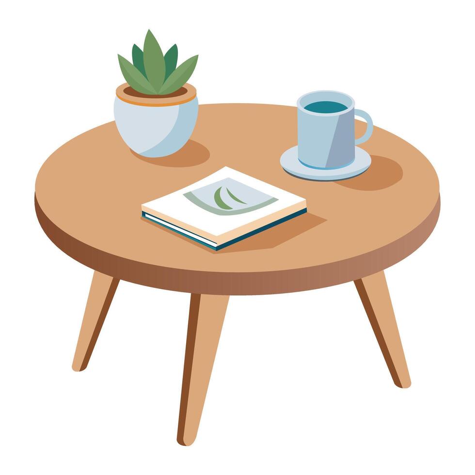 Stylized Illustration of a Coffee Table with Book Plant and Coffee Cup vector
