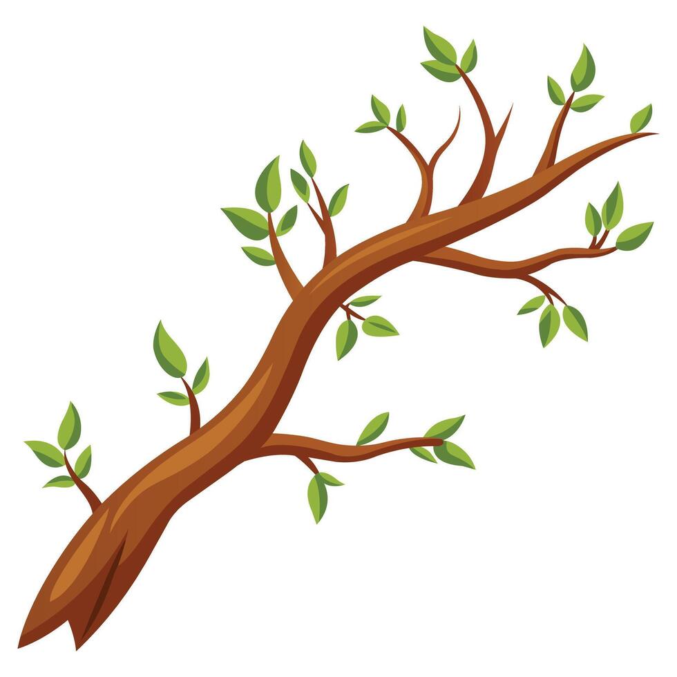 Cartoon Tree Branch with Green Leaves Isolated on a White Background vector