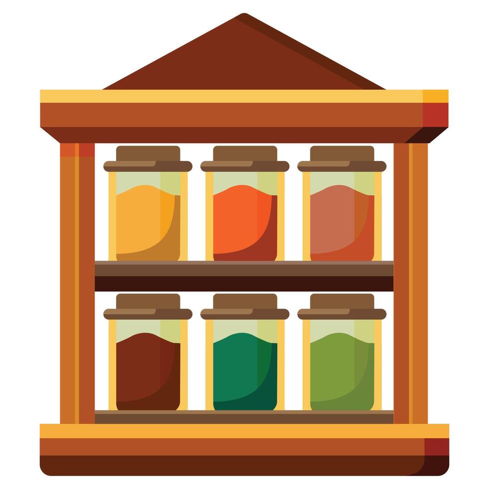 Cartoon Spice Rack with Six Jars Filled with Various Colored Spices vector