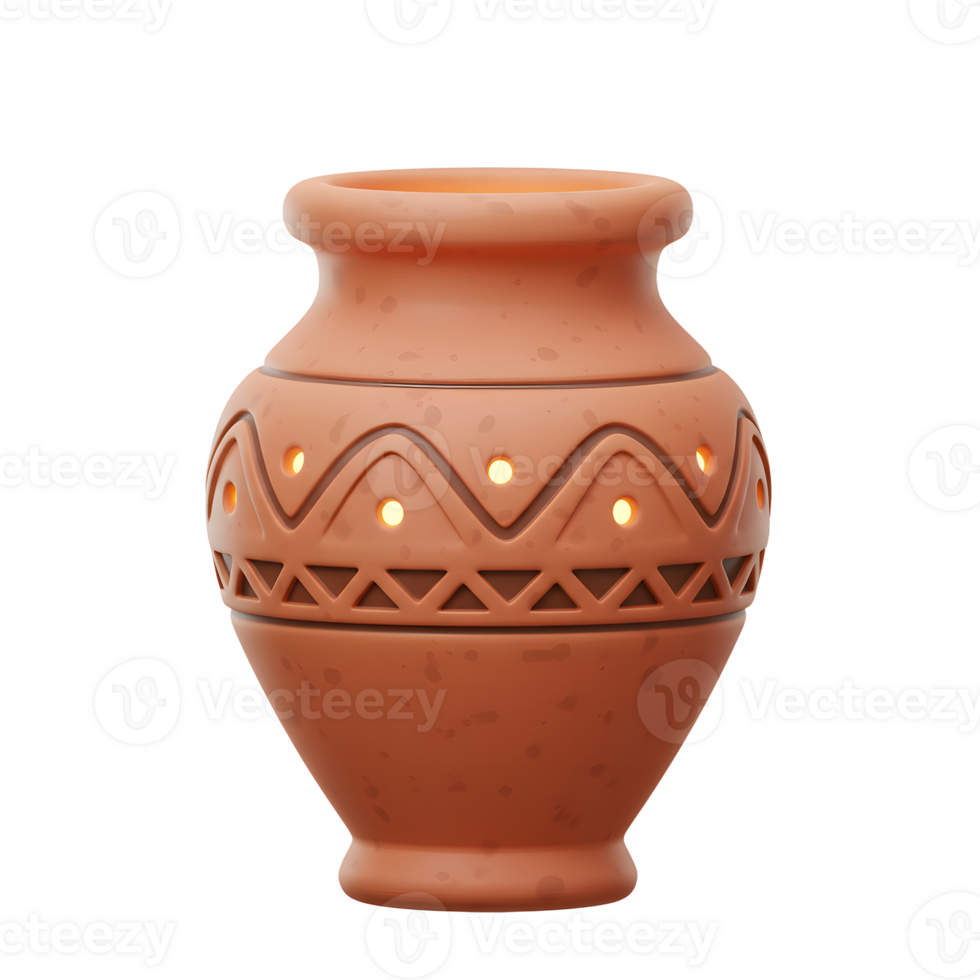 A terracotta pot with a geometric pattern and light emanating from within is shown, adding warmth to any indoor space. png