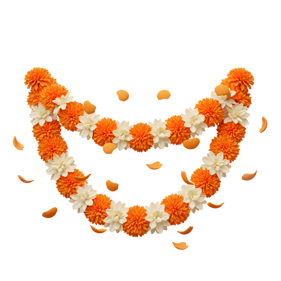 An orange and white flower garland is surrounded by petals, suggesting a decoration for a celebration or festive event. png