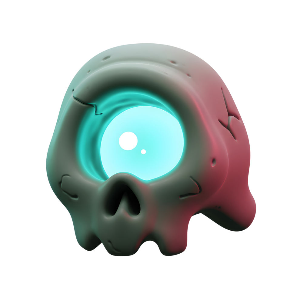 A cartoon skull features a glowing turquoise eye, creating an eerie yet playful image, making it suitable for Halloween or fantasy themed designs. png