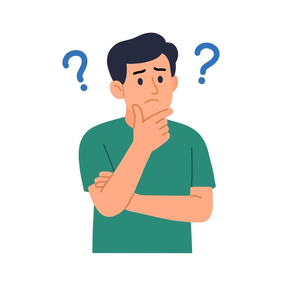 Flat Illustration of Pensive Young Man with Question Mark Symbol Character vector