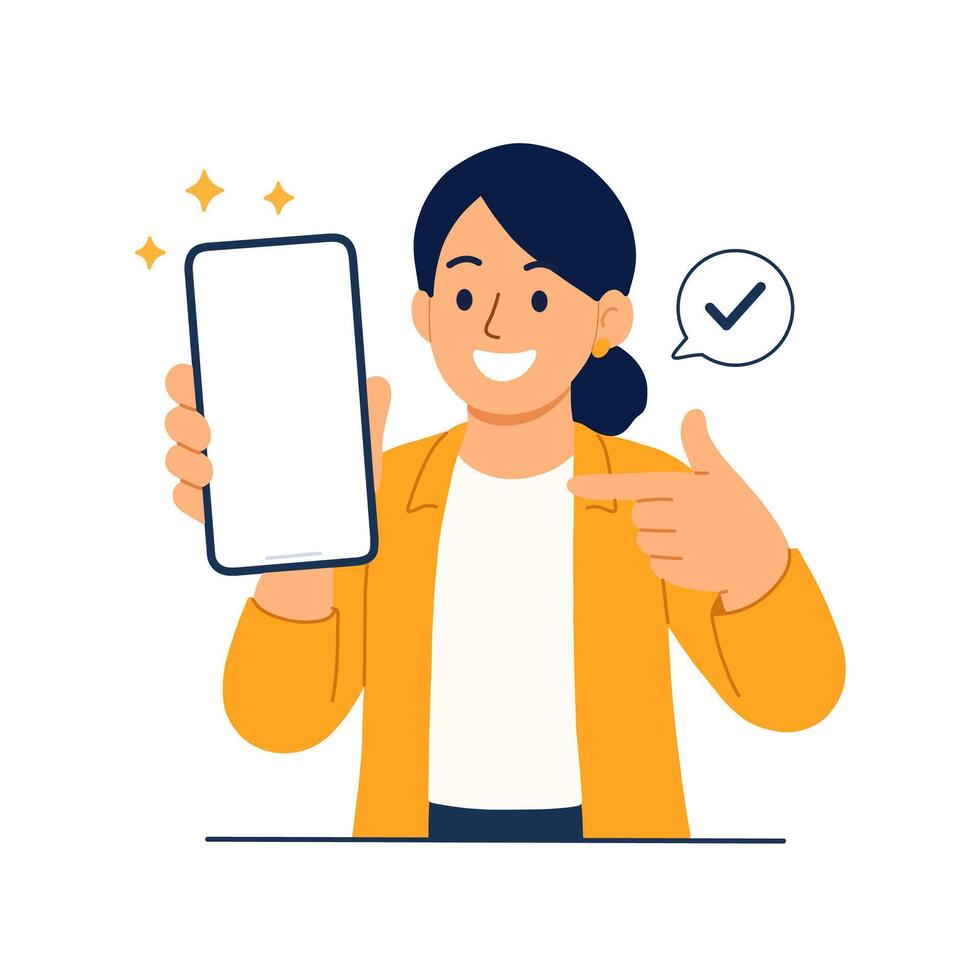 Flat Style Smiling Woman Presenting Application on Mobile Phone Illustration vector