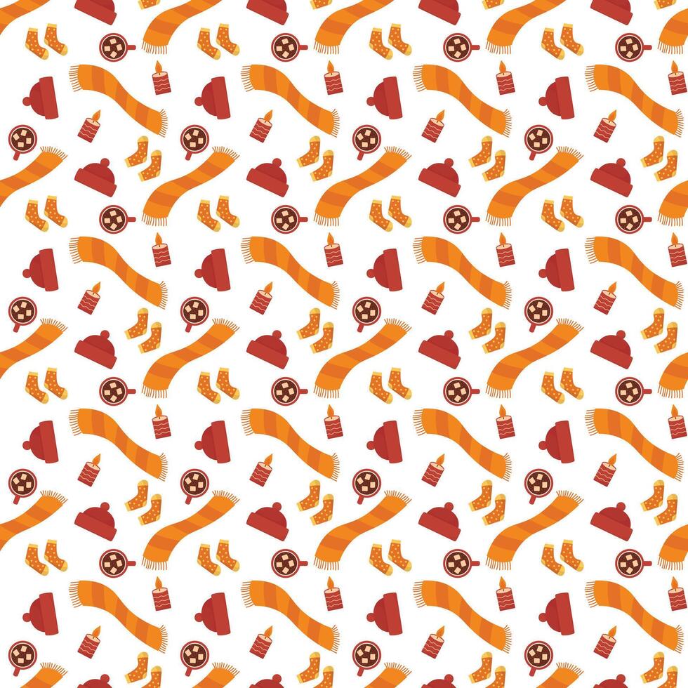 Seamless autumn pattern with cozy clothes and warm item. Background of seasonal apparel vector