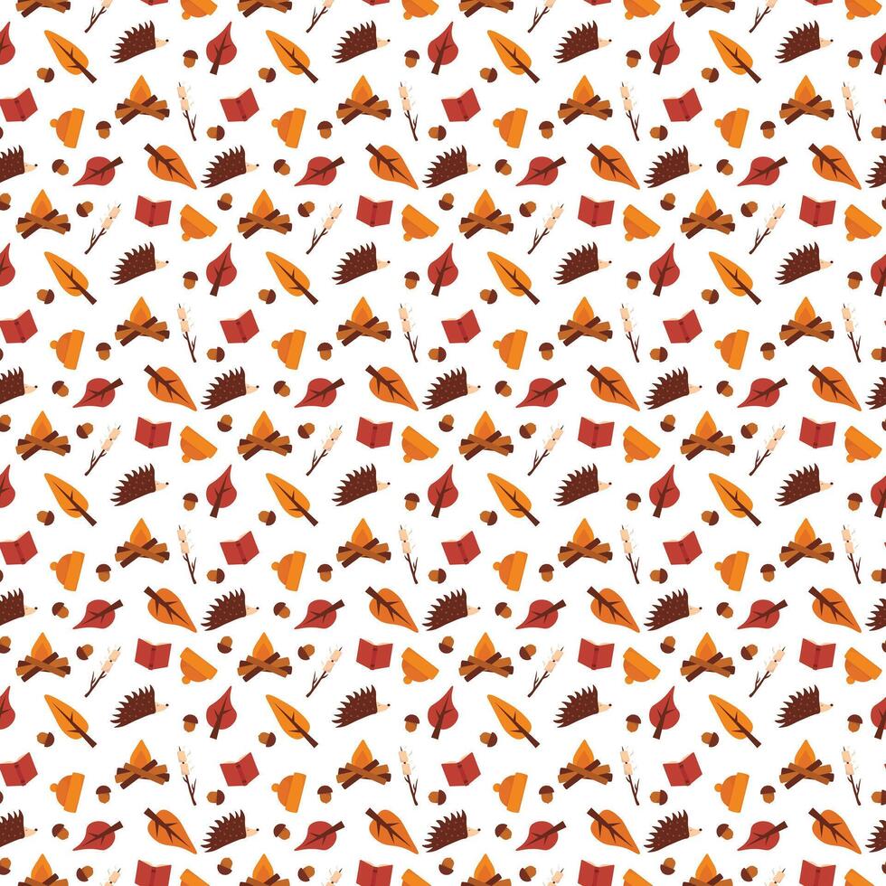 Seamless autumn pattern with campfire, hedgehog, trees, acorn and marshmallow on stick vector