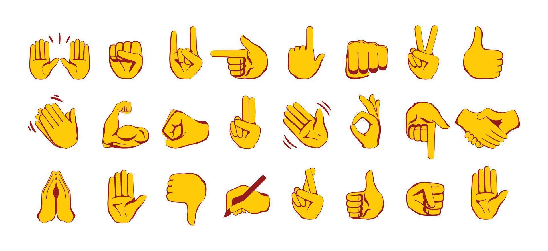 Collection of cartoon style yellow hand icon showing various gestures, symbols, and signs, perfect for UI, emojis, or communication design. vector