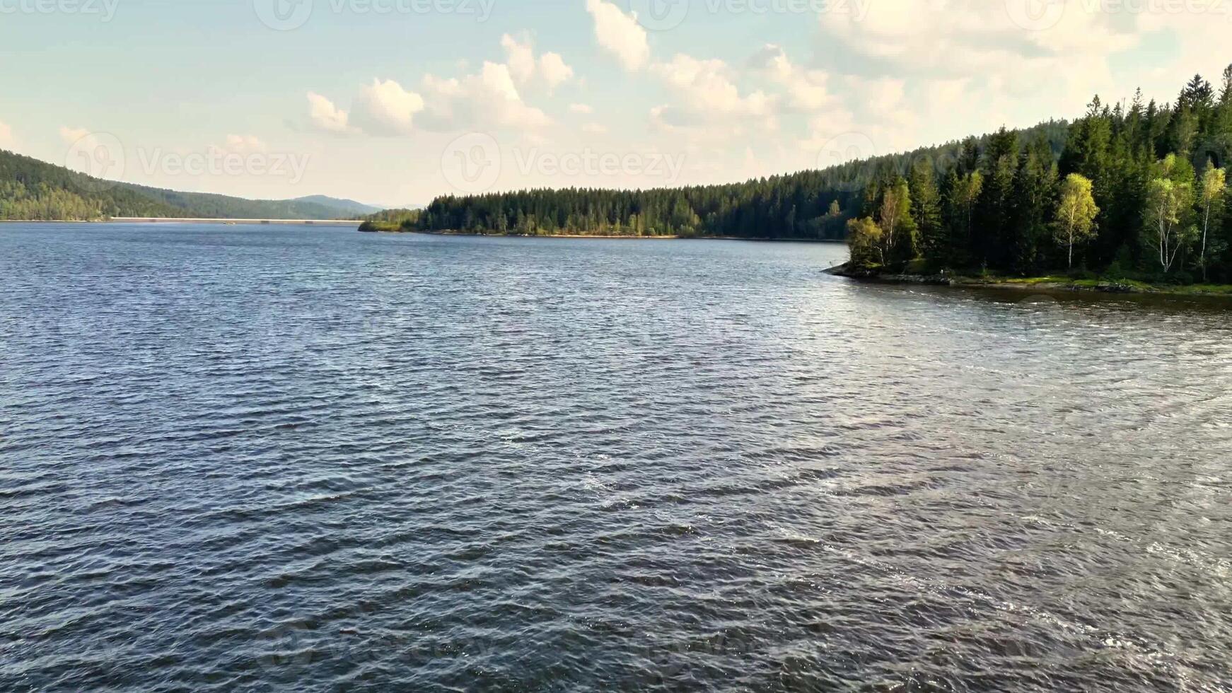 A peaceful and serene lake scene featuring gentle waves, vibrant trees, along with a stunning, picturesque sky photo