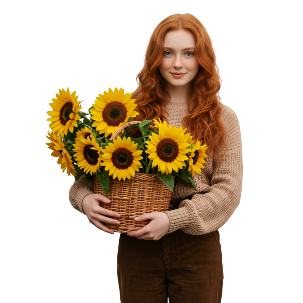 Woman holding sunflower bouquet with bright yellow flower arrangement png