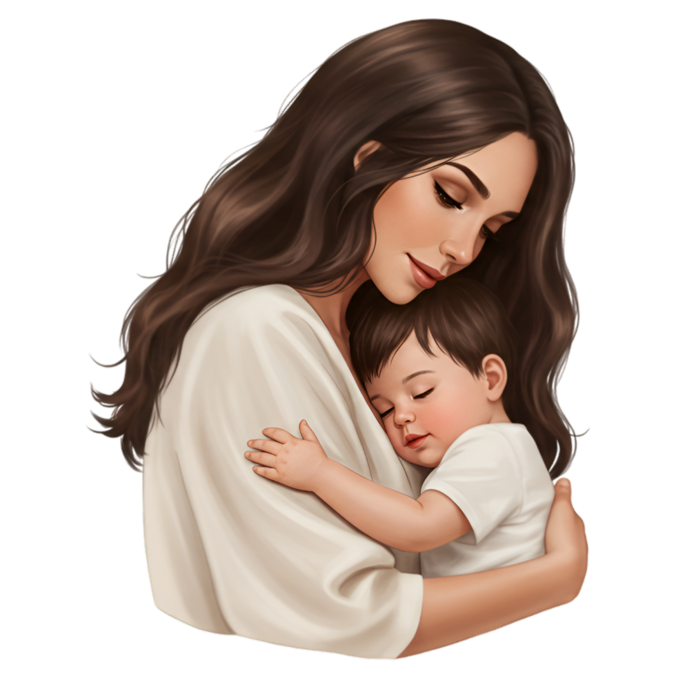 Woman holding young child in loving maternal embrace moment png