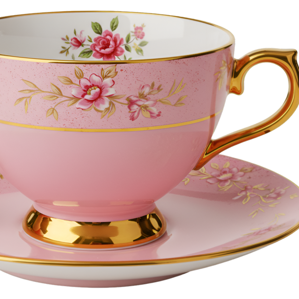 Pink teacup with floral pattern and delicate china design design png