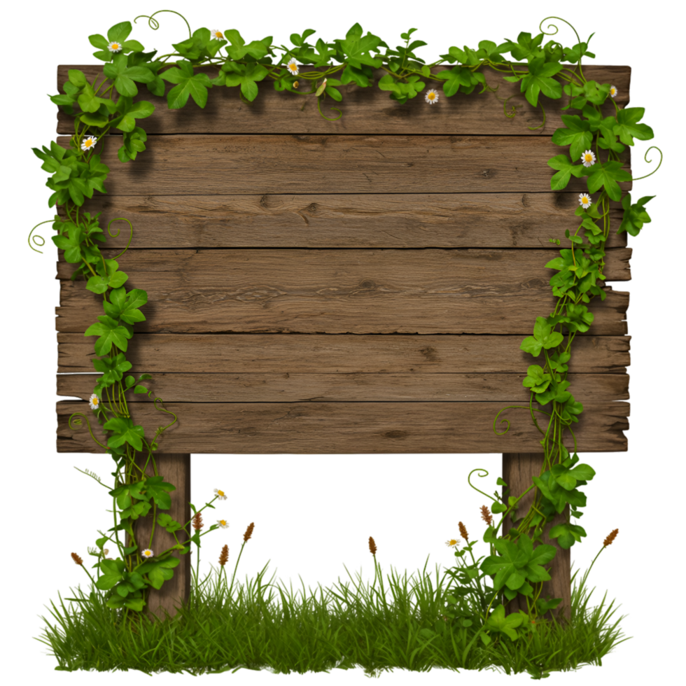 Wooden sign with green foliage border and natural frame png