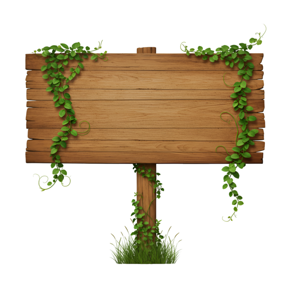 Wooden plank sign with green leaves border frame design png