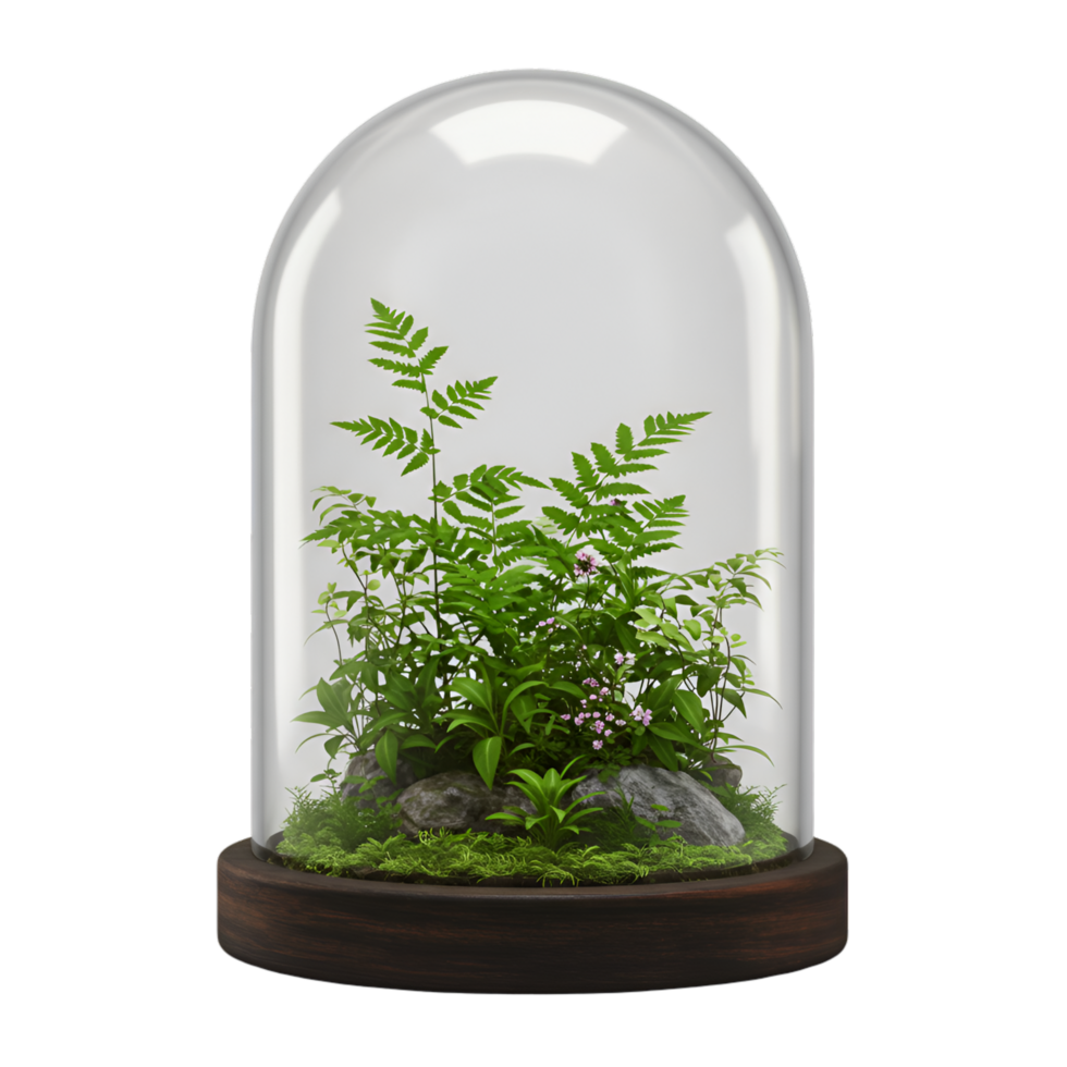 Glass terrarium container with small plants and moss inside png