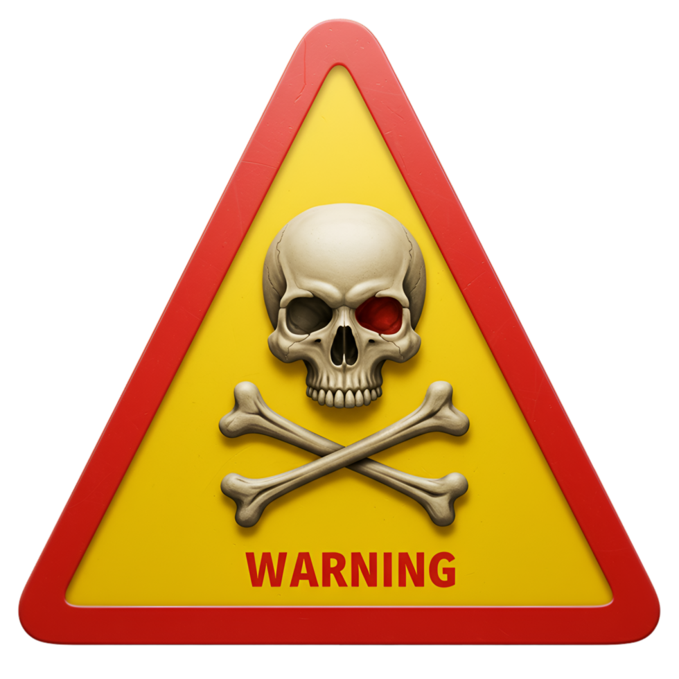 Yellow triangular warning sign with black skull and crossbones png