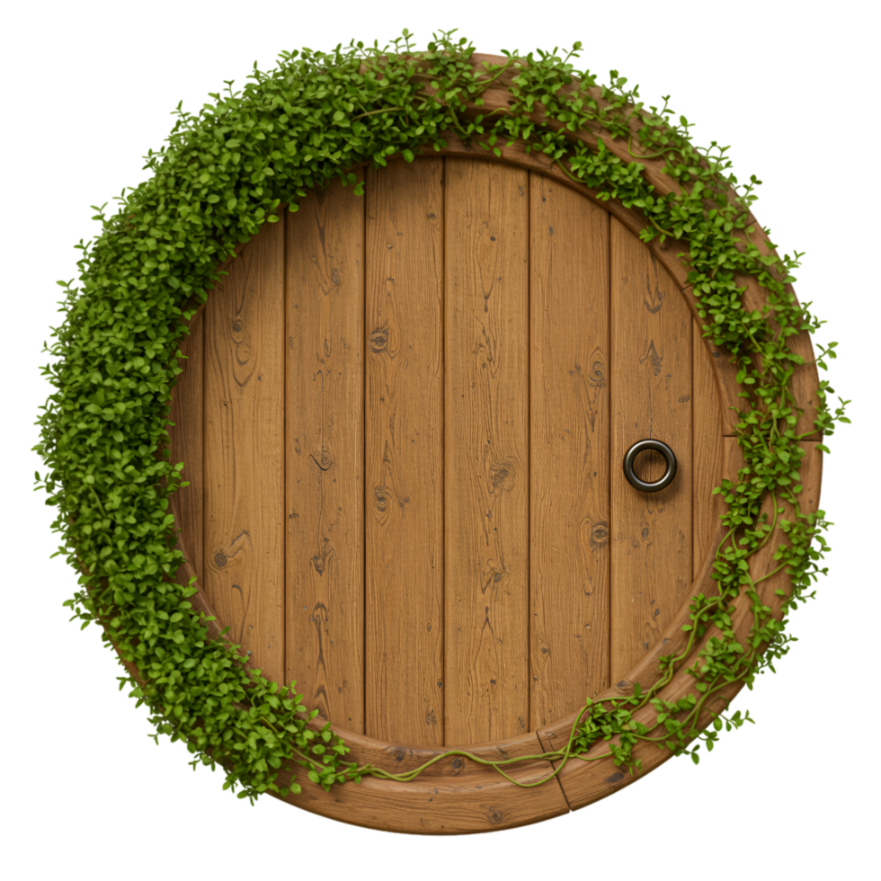 Circular wooden frame surrounded by green moss and foliage png