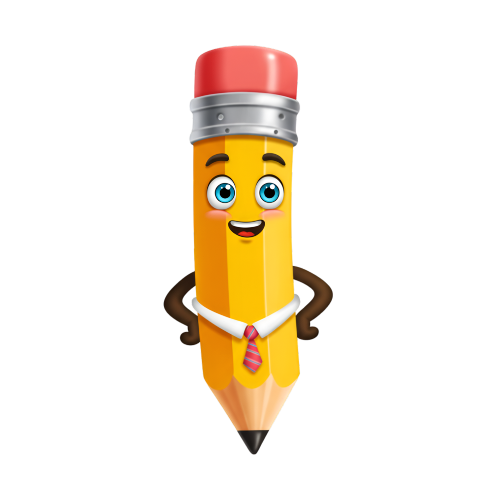 Cartoon pencil character with yellow body and smiling face expression png
