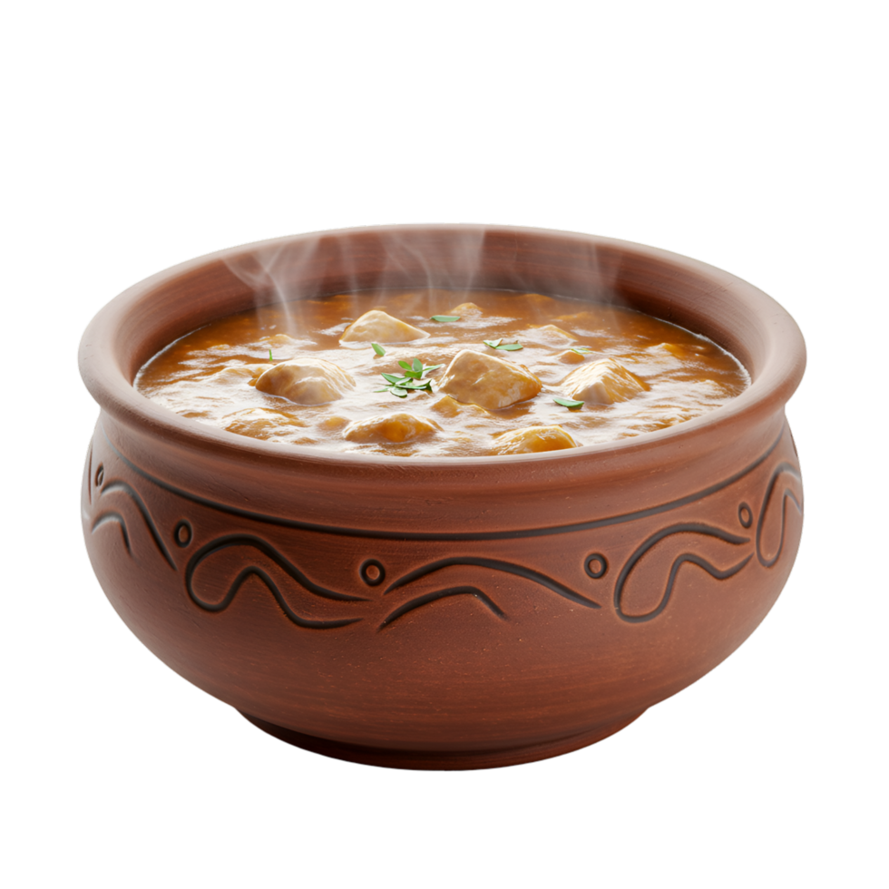 Wooden bowl with soup broth and floating ingredients inside png