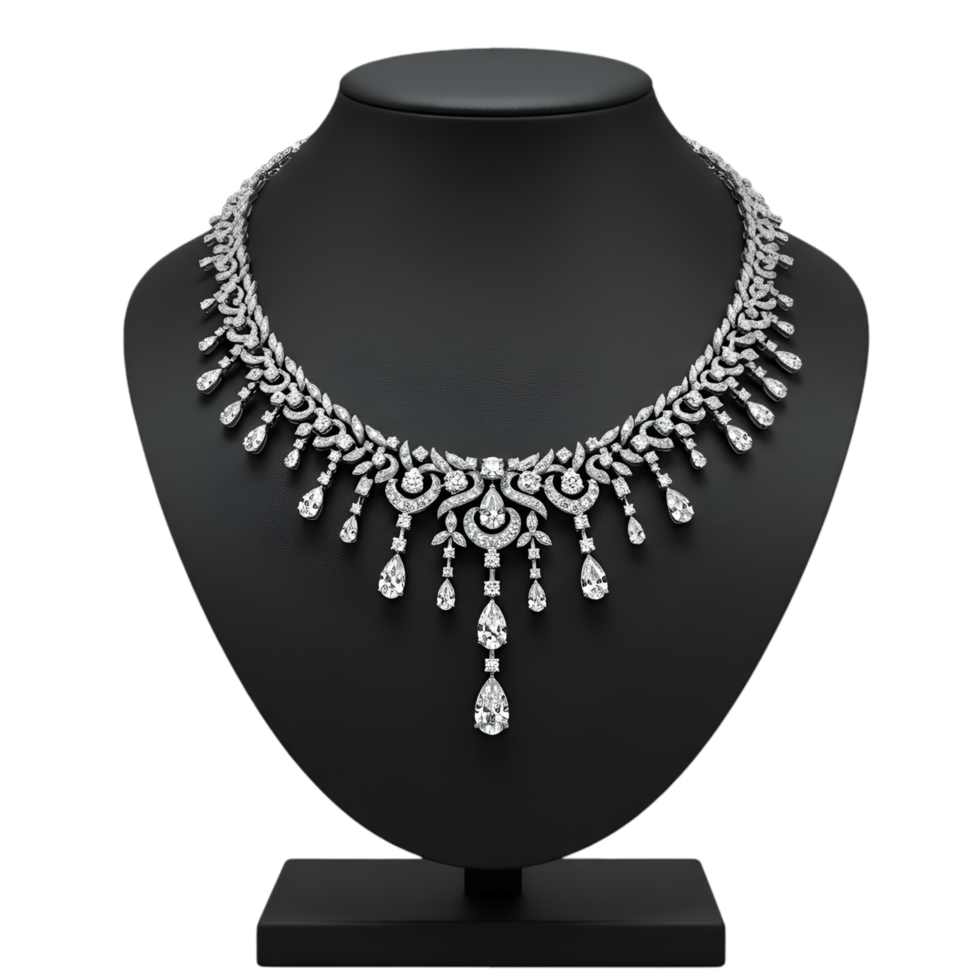 Black statement necklace with ornate design and precious stone details png