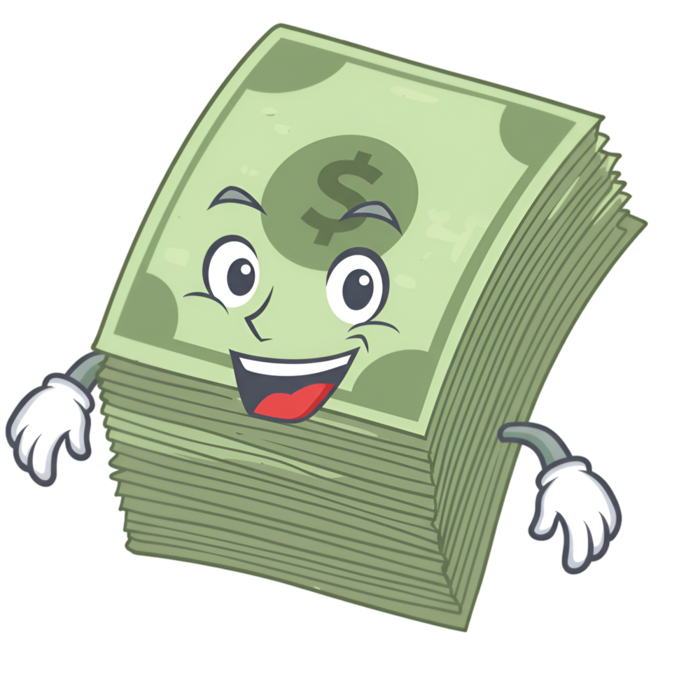 Green money bills with smiling cartoon face and cash design png