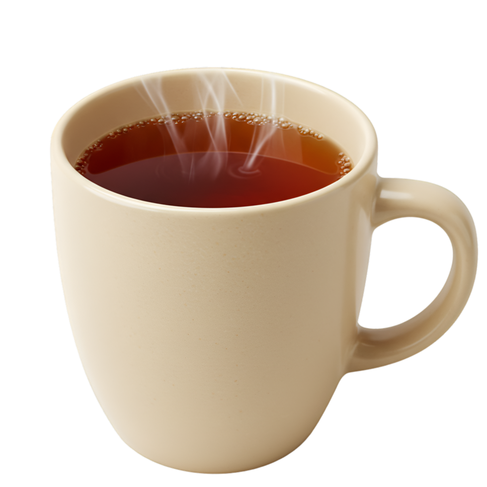Brown coffee mug with hot beverage and ceramic handle design png