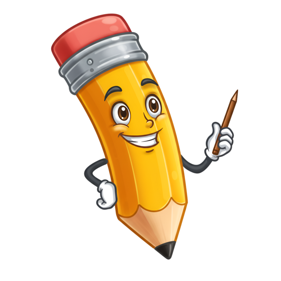 Cartoon pencil with yellow body and friendly character face png