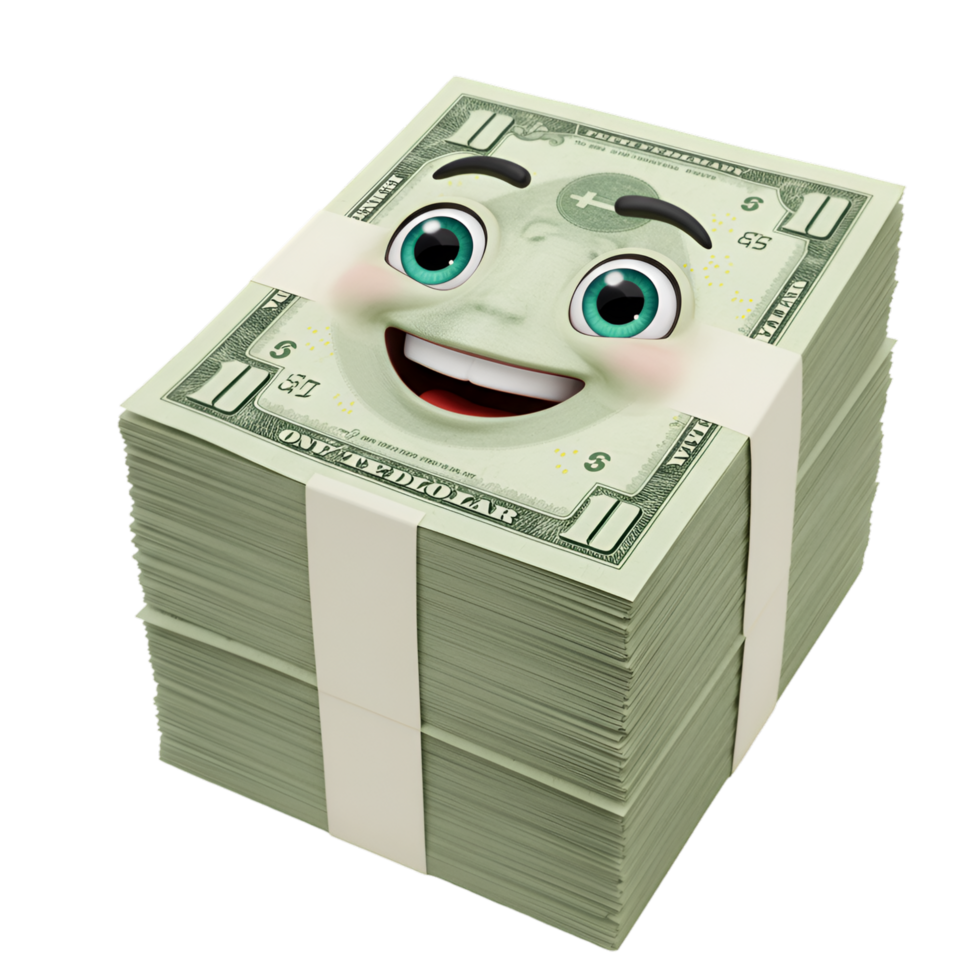 Green money stack with cartoon face and cash currency png