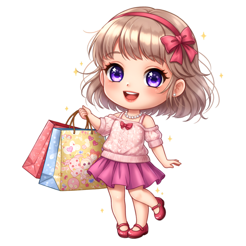 Young girl in pink dress with cute character appearance png