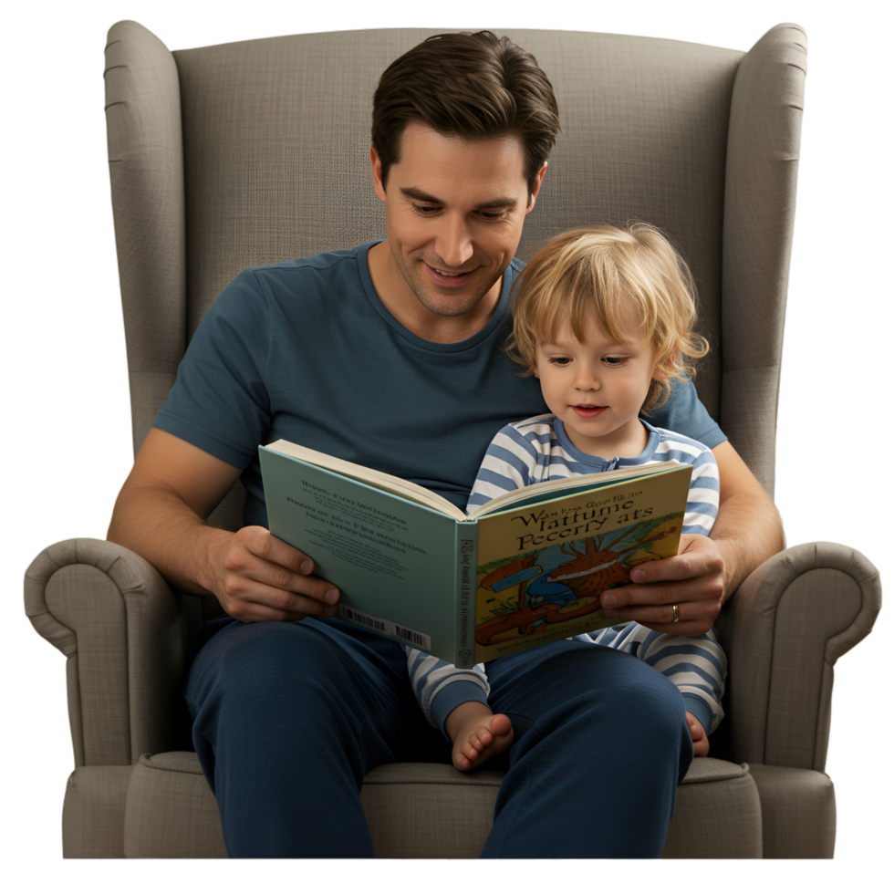 Father son reading time with book and family bonding png