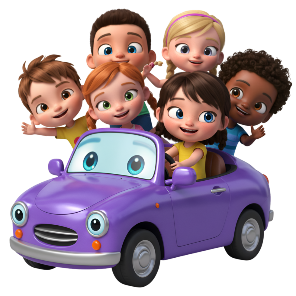Purple toy car with cartoon figures and colorful design png