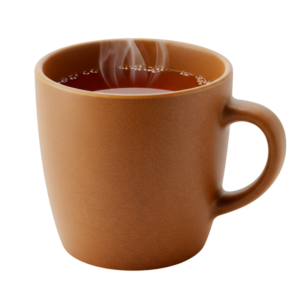 Brown coffee mug with hot drink and ceramic material png