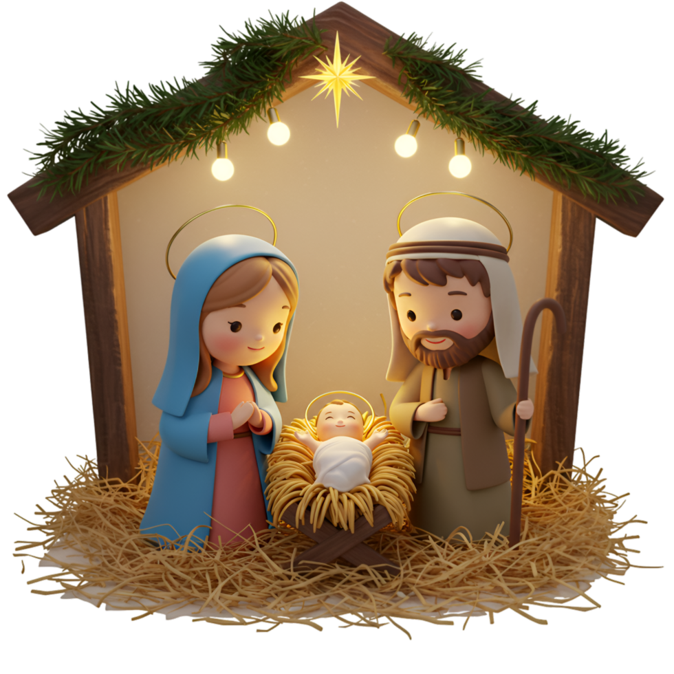 Wooden nativity scene with religious figures and Christmas story png