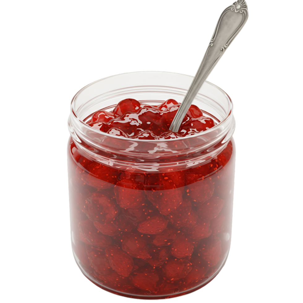 Red jam jar with wooden spoon and sweet contents png