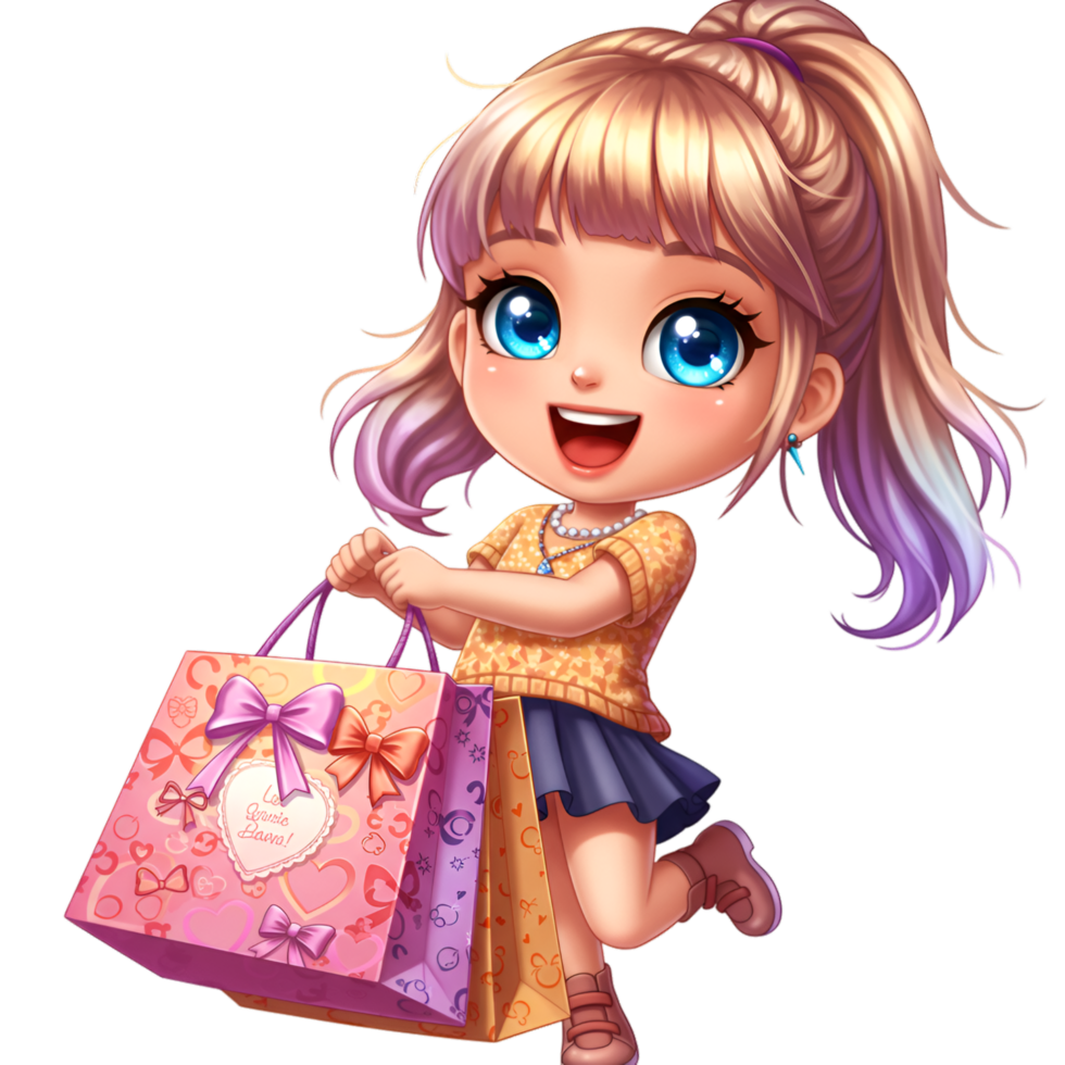 Young girl with pink dress and cute character styling png