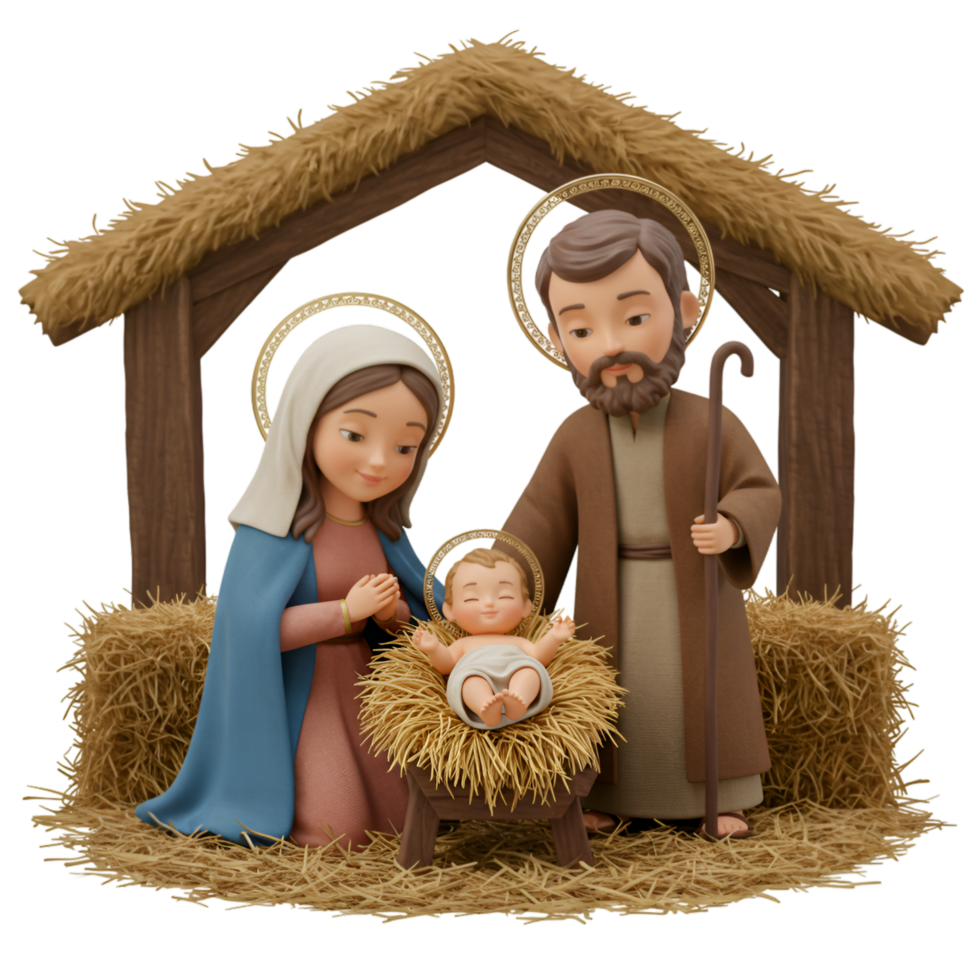 Wooden nativity scene with religious Christmas story figures png