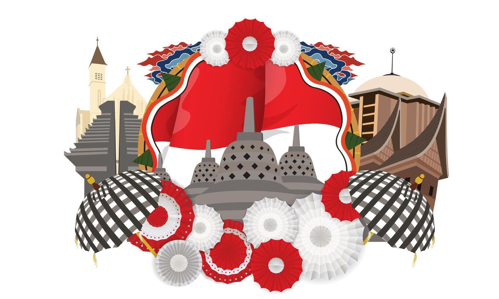 Indonesian Independence Day celebration decoration with Indonesian culture and religion vector