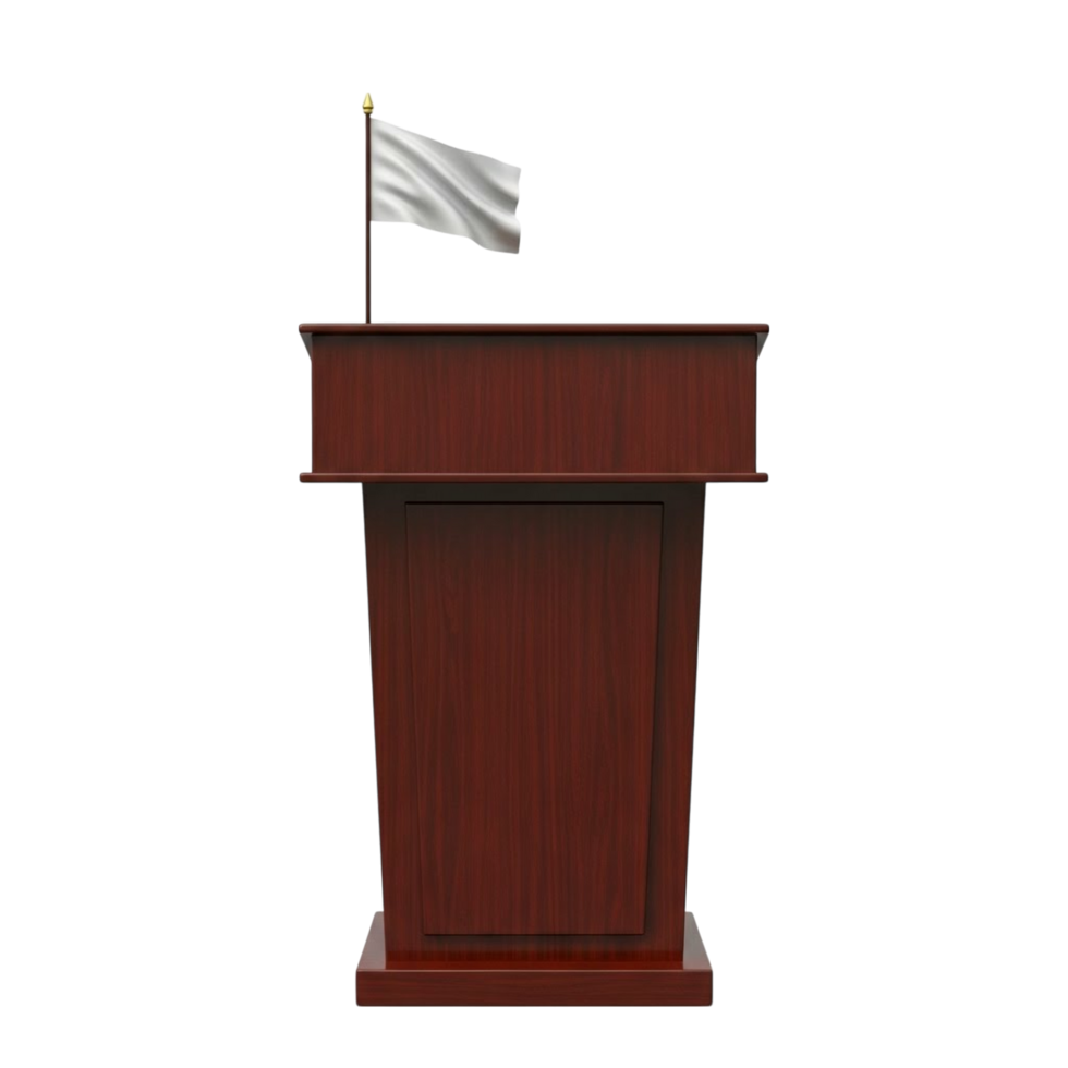 Elegant wooden podium with a white flag for public speaking and presentations png