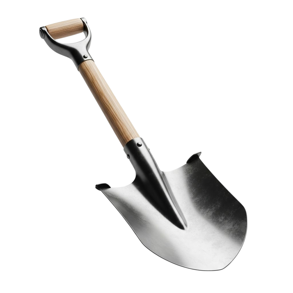 A sturdy metal shovel with a wooden handle and d grip for gardening tasks png