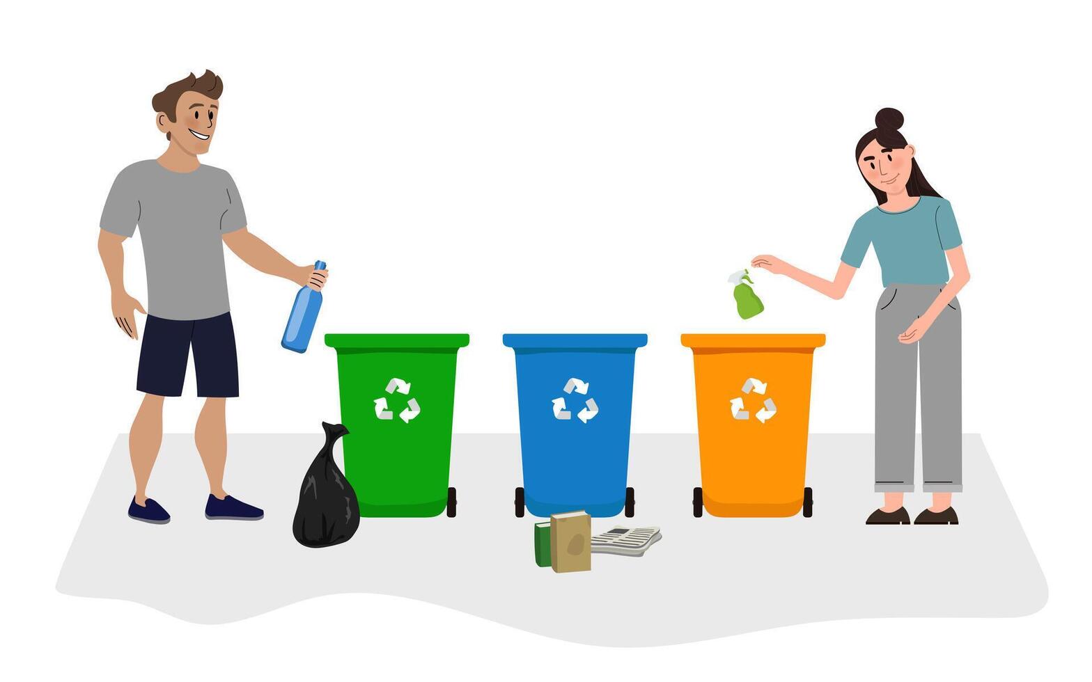 Volunteers Actively Sorting Recycling Bins Outdoors vector