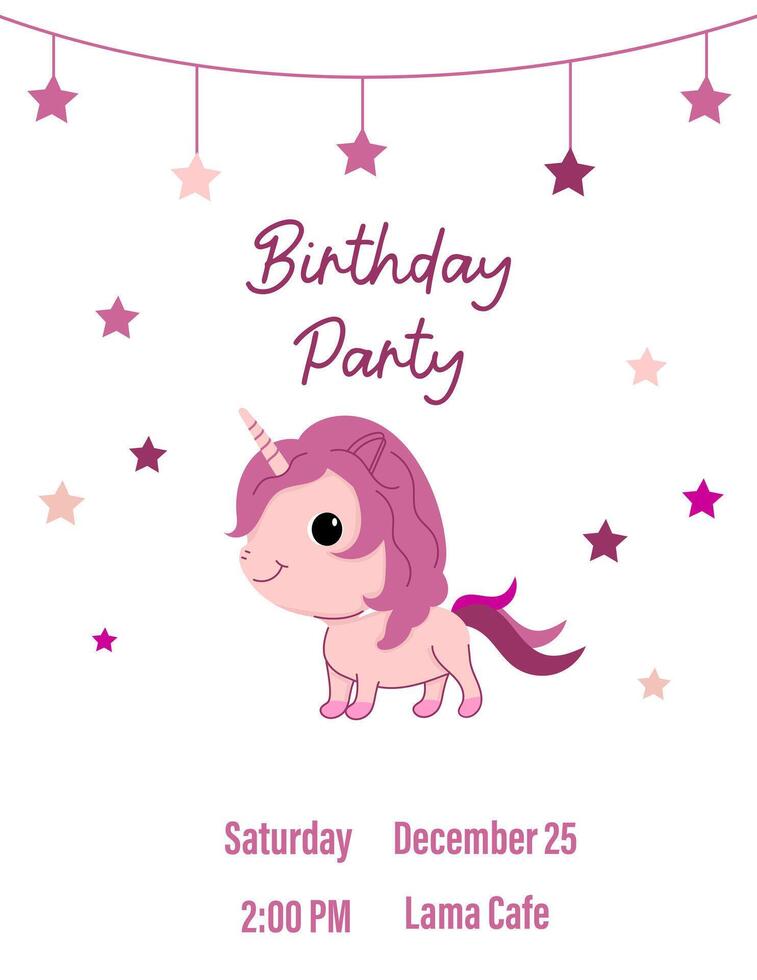 A greeting card or invitation with a cute unicorn on a white background. The template is suitable for creating postcards, posters, flyers or banners. vector
