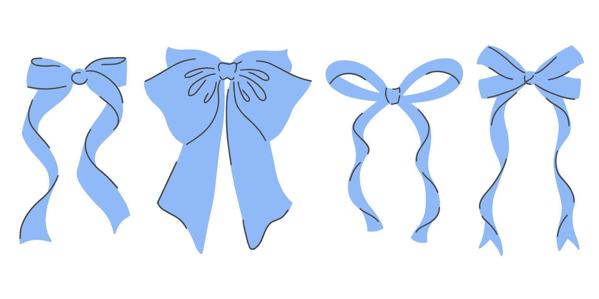 Blue bows with ribbons and knots, featuring a cute, flat, vintage cartoon style. illustrations set perfect for gifts, hair, holidays, and birthday designs isolated on white background vector