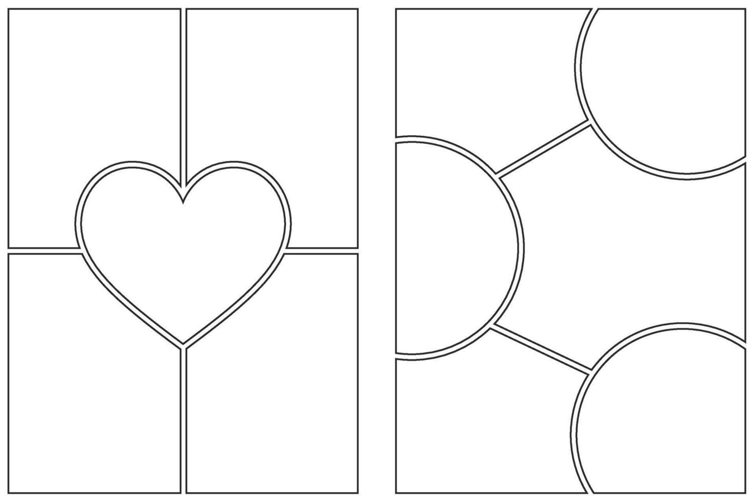 Comic book template. Manga frame on white background. Pop art page with grid. Blank with circle and heart-shape boxes for anime and dialog. Storyboard for magazine collage and posters vector