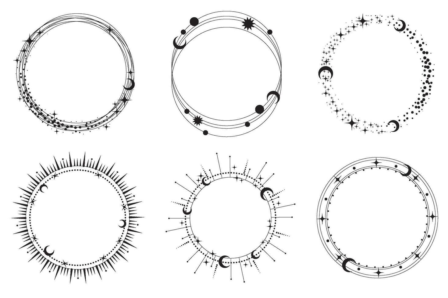 Circle frame with star dust. Round celestial border with sparkles on white background. Magic cosmic rings with astrology symbols. Spiritual elements for Christmas and astrology design vector