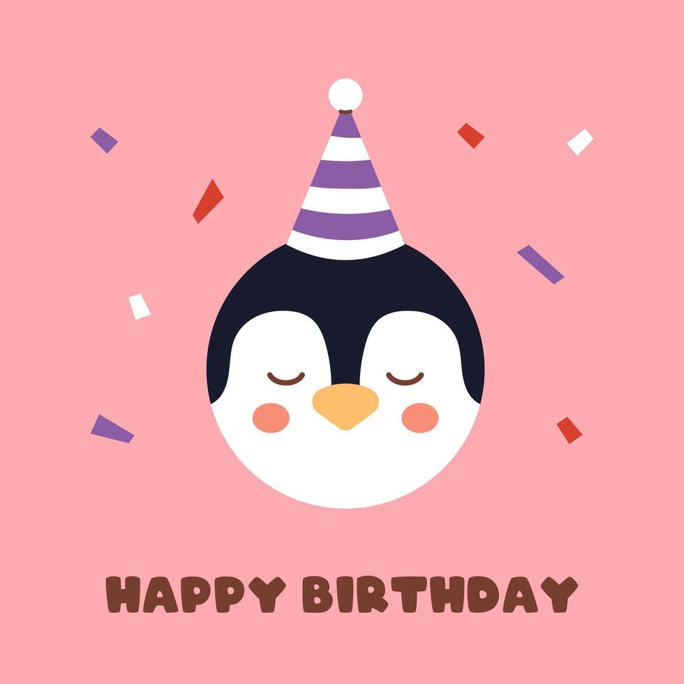 Funny cartoon penguin in party hat with confetti and happy birthday text. flat greeting card or poster for children celebration or festive decoration. vector