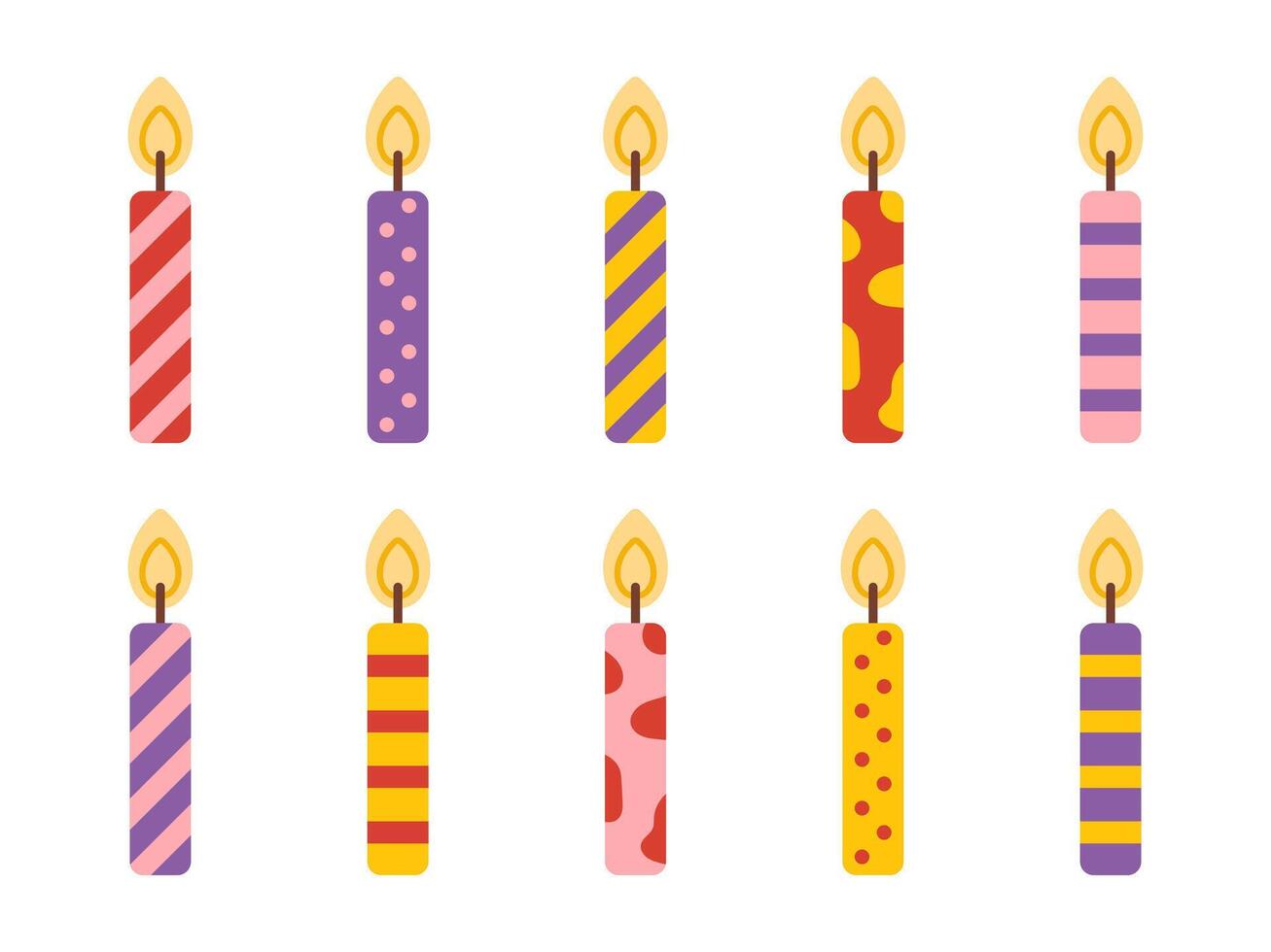 collection of cute birthday candles in flat style. Bright candlelights with burning flames. Decorative candles set perfect for celebration greeting cards or party design. vector