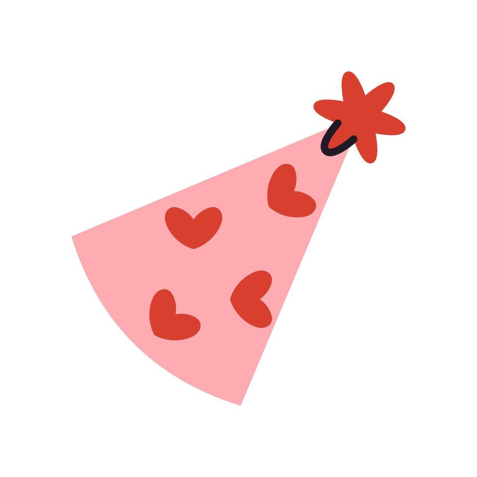 Colorful cartoon party cap with heart pattern. flat cone hat for birthday, holiday, or celebration design. Cute isolated clip art object. vector