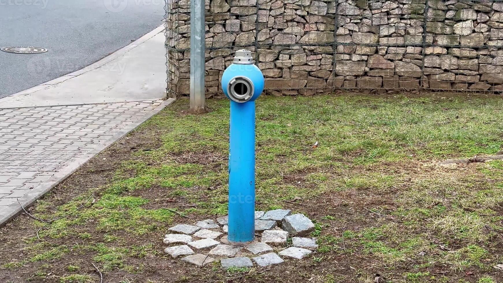 A bright and vibrant blue fire hydrant is prominently positioned on lush grassy grounds with a solid stone base photo